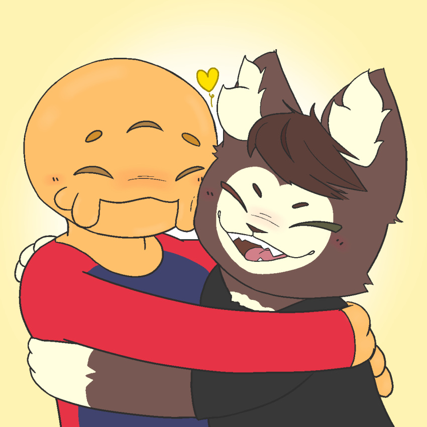 &lt;3 anthro black_clothing black_shirt black_topwear brown_body brown_fur cephalopod clothing domestic_cat embrace felid feline felis friends fur happy heterochromia hug humanoid kralex male mammal marine mollusk octo_(undnift) shirt smile topwear undnift yellow_body yellow_skin