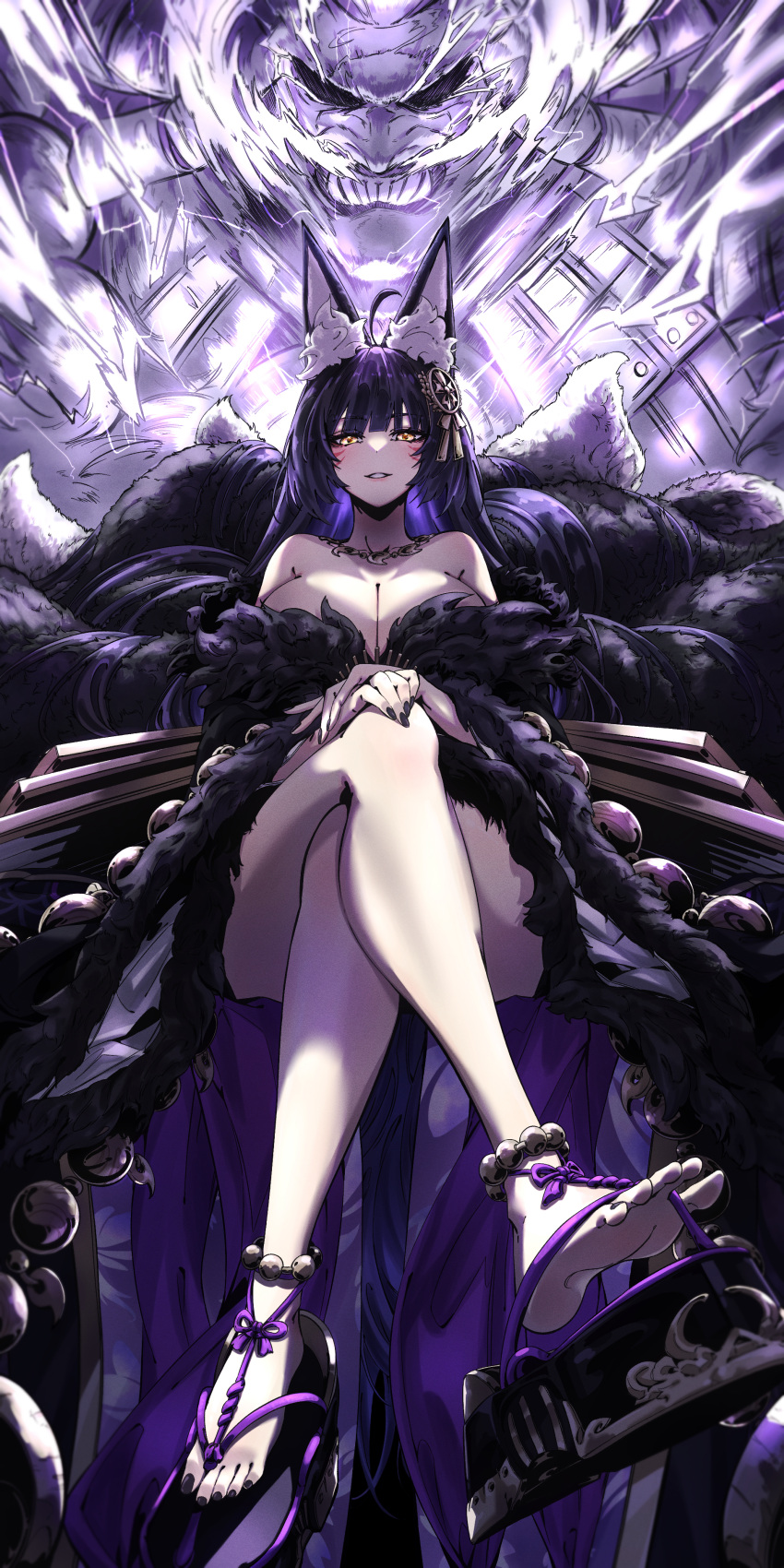 1girl absurdres ahoge animal_ear_fluff animal_ears armor azur_lane bangs black_hair black_nails breasts cleavage commentary_request crossed_legs electricity facial_mark fox_ears fox_girl fox_tail fur_trim hair_ornament highres huge_breasts japanese_armor jewelry long_hair looking_at_viewer magatama magatama_necklace mask multiple_tails musashi_(azur_lane) nail_polish necklace orange_eyes parted_lips platform_footwear sandals shoe_dangle solo taiju_(gr09kuma) tail toenail_polish toenails whisker_markings