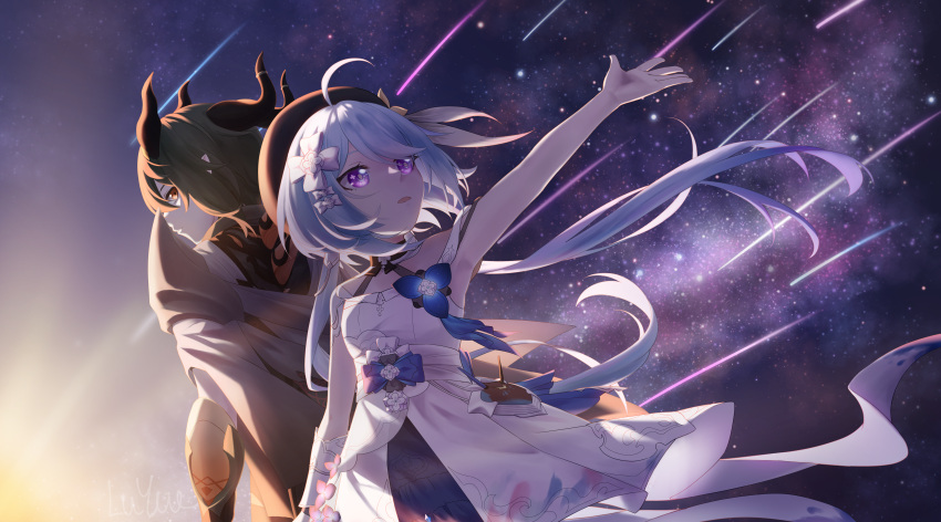 1boy 1girl absurdres ahoge armpits back-to-back bangs blue_eyes closed_mouth coat dress green_hair grey_coat griseo highres honkai_(series) honkai_impact_3rd horns kosma long_hair luyue open_mouth orange_eyes outdoors outstretched_arm purple_eyes short_hair sky sleeveless sleeveless_dress star_(sky) starry_sky sunset twintails white_dress