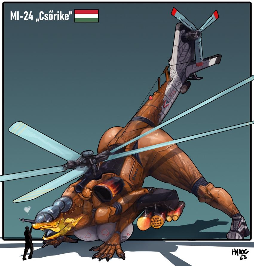 &lt;3 aircraft aircraft_humanoid ambiguous_gender anthro areola areola_slip beak blue_tongue boop brown_body duo eyeless feathers female flame_pattern gun havoc63 helicopter hi_res human hungarian hungarian_flag hungarian_text jack-o'_pose larger_female living_aircraft living_helicopter living_machine living_vehicle machine mammal mi-24 nose_boop patting pose propeller ranged_weapon rotor simple_background size_difference smile snout text tongue vehicle warning_symbol weapon