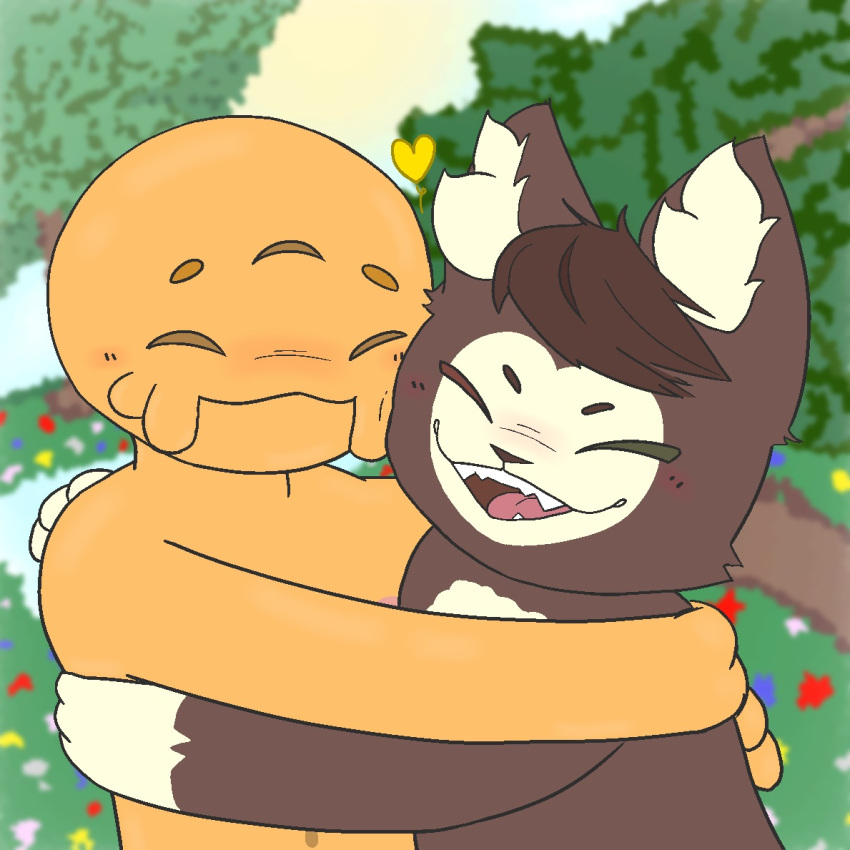 &lt;3 1:1 anthro brown_body brown_fur cephalopod domestic_cat embrace felid feline felis flower friends fur heterochromia hug humanoid kralex kralex_(artist) male male/male mammal marine mollusk nature nude octo_(undnift) plant smile tree undnift yellow_body yellow_skin