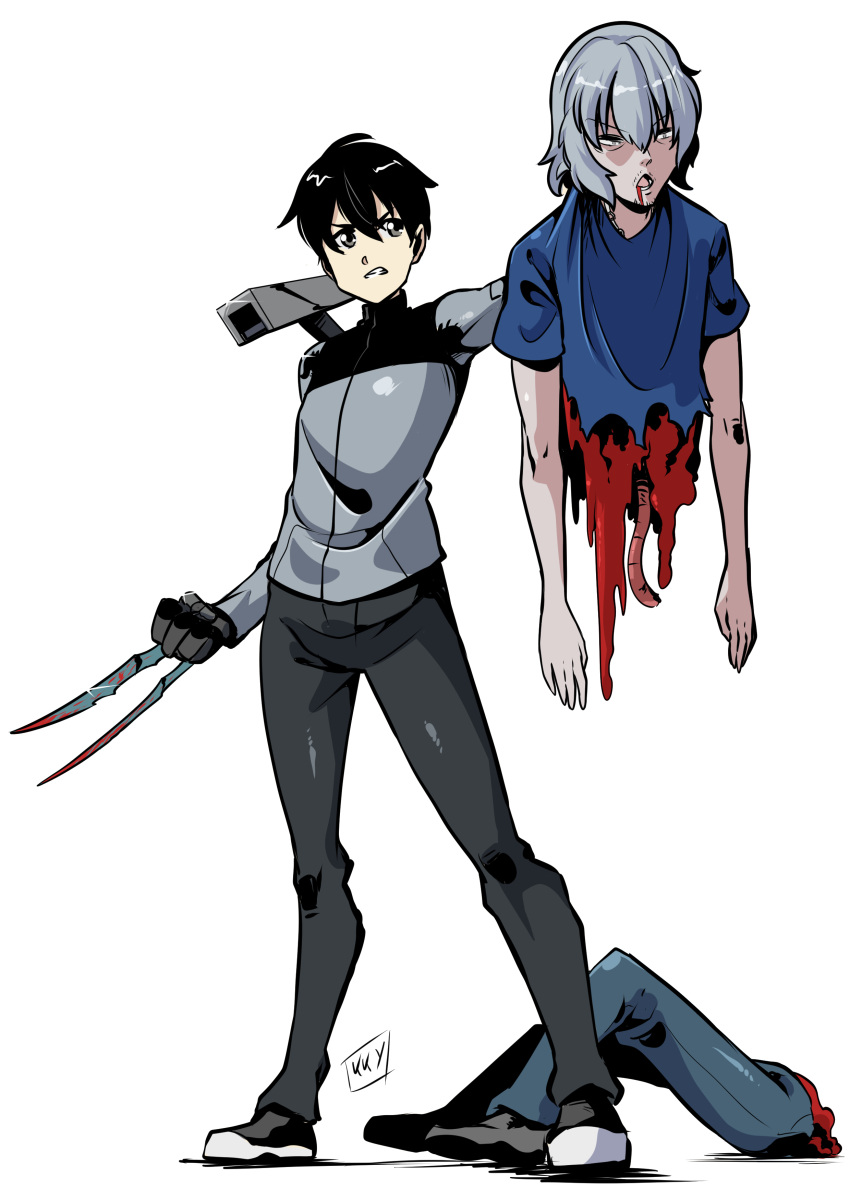 2boys absurdres bifurcation black_hair blade blood blood_from_mouth cyborg death execution highres intestines jacket kirito kukuruyo multiple_boys prosthesis prosthetic_arm shoulder_blades shoulder_cannon sword_art_online white_hair