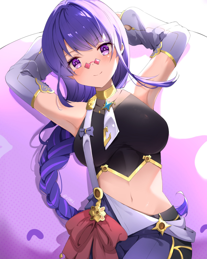 1girl arms_behind_head arms_up black_shirt blush braid braided_ponytail breasts closed_mouth cosplay crop_top detached_sleeves dori_(genshin_impact) dori_(genshin_impact)_(cosplay) genshin_impact gold_trim highres large_breasts long_hair lying mole mole_under_eye navel on_back pince-nez purple_eyes purple_hair raiden_shogun shirt single_braid sleeveless sleeveless_shirt smile solo stomach tinted_eyewear vincent_leo