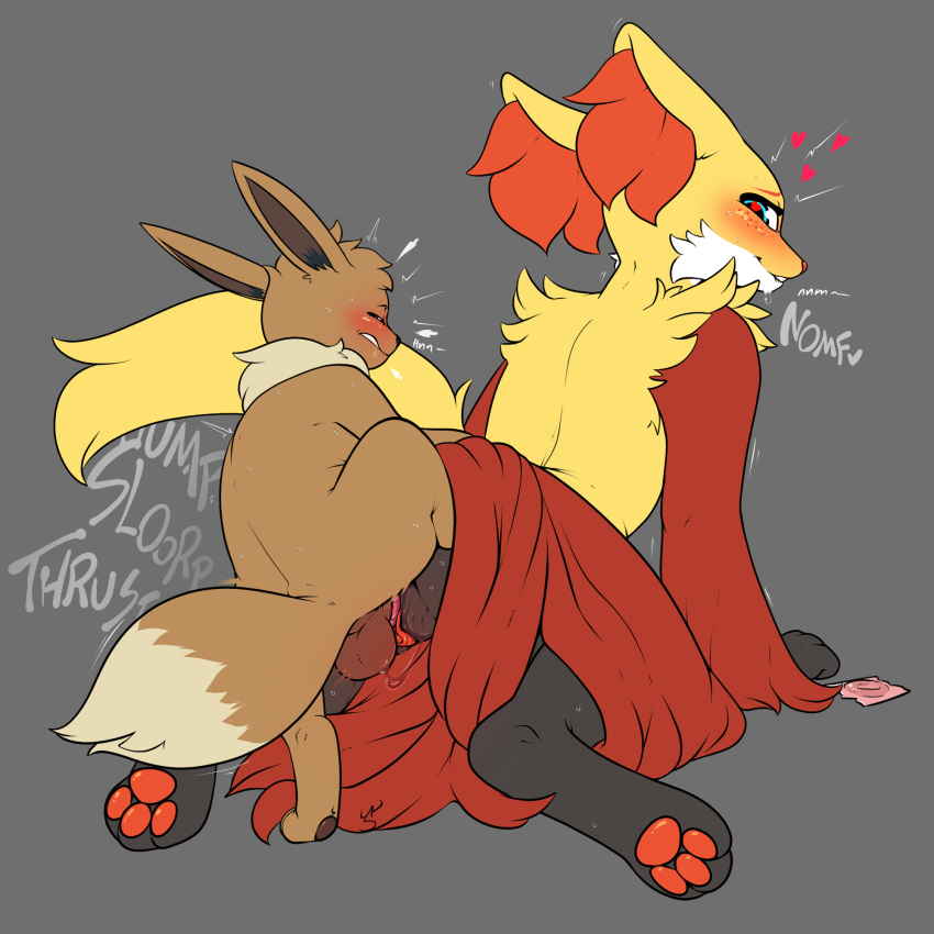&lt;3 &lt;3_eyes 1:1 anthro balls_deep blush condom delphox doggystyle duo eevee female female_penetrated feral from_behind_position generation_1_pokemon generation_6_pokemon hi_res larger_female male male/female male_penetrating male_penetrating_female mr.smile nintendo penetration pokemon pokemon_(species) scarlett_(mr.smile) sex sexual_barrier_device size_difference unused_condom video_games