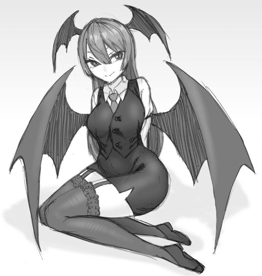 1girl :&gt; arms_behind_back bat_wings breasts eyebrows_hidden_by_hair full_body garter_straps head_wings highres ke-su koakuma large_breasts long_hair low_wings necktie skirt tail thighhighs touhou wing_collar wings