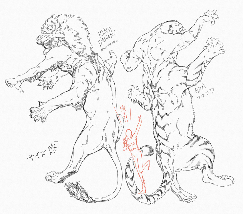 6_limbs ajayi_(ryo_sumiyoshi) dahabu_(ryo_sumiyoshi) duo felid felid_taur hair lion lion_taur male mammal mammal_taur monochrome multi_limb muscular muscular_male nude pantherine pantherine_taur raika_(species) ryo_sumiyoshi simple_background tail_tuft taur tigaro tiger tiger_taur tuft