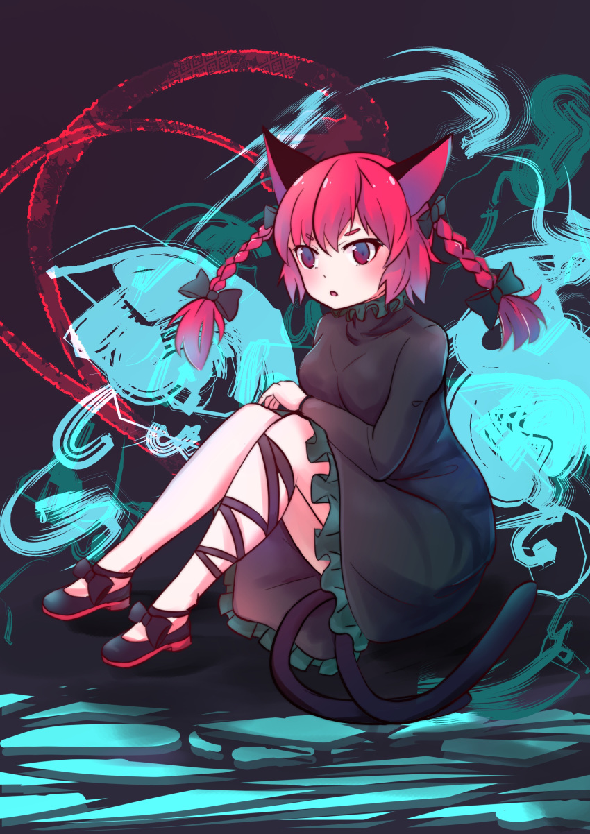 1girl absurdres animal_ears bow braid cat_ears cat_tail dress hair_bow highres hitodama kaenbyou_rin krisame_amane leg_ribbon multiple_tails nekomata red_eyes red_hair ribbon solo tail touhou twin_braids two_tails