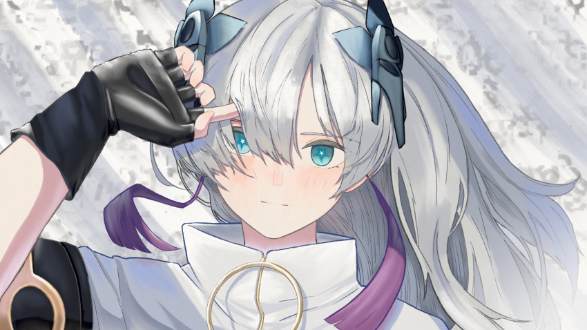 1girl arm_up black_gloves blue_eyes bright_pupils cevio closed_mouth expressionless fingerless_gloves gloves grey_hair hair_ornament hair_over_one_eye hand_in_own_hair high_collar highres kamitsubaki_studio long_hair looking_at_viewer portrait ruffling_hair sekai_(cevio) sodemizu solo star-shaped_pupils star_(symbol) symbol-shaped_pupils vocaloid white_hair white_pupils zipper_pull_tab