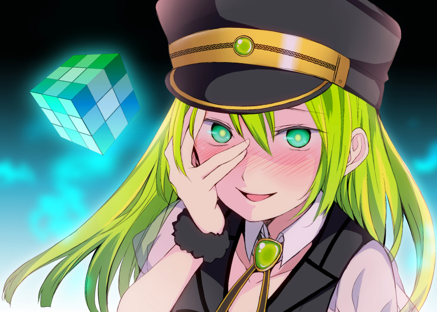 1girl alina_gray aqua_eyes black_headwear black_necktie black_vest blunt_ends blush brooch collar cross_tie detached_collar fur_cuffs gem green_gemstone green_hair hair_between_eyes hat highres jewelry lapels long_hair looking_at_viewer magia_record:_mahou_shoujo_madoka_magica_gaiden magical_girl mahou_shoujo_madoka_magica multicolored_hair necktie notched_lapels open_mouth peaked_cap puffy_short_sleeves puffy_sleeves see-through see-through_sleeves shichouson short_sleeves sidelocks sleeve_cuffs smile solo straight_hair streaked_hair v-neck vest white_collar white_sleeves