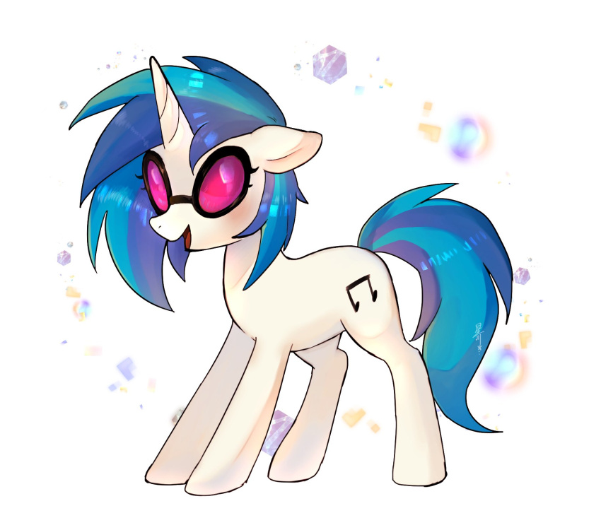 blue_hair blue_tail blush choco_hosikawa cutie_mark digital_media_(artwork) equid equine eyewear female feral friendship_is_magic glasses hair hasbro hi_res horn mammal my_little_pony open_mouth open_smile smile solo standing unicorn vinyl_scratch_(mlp) white_body