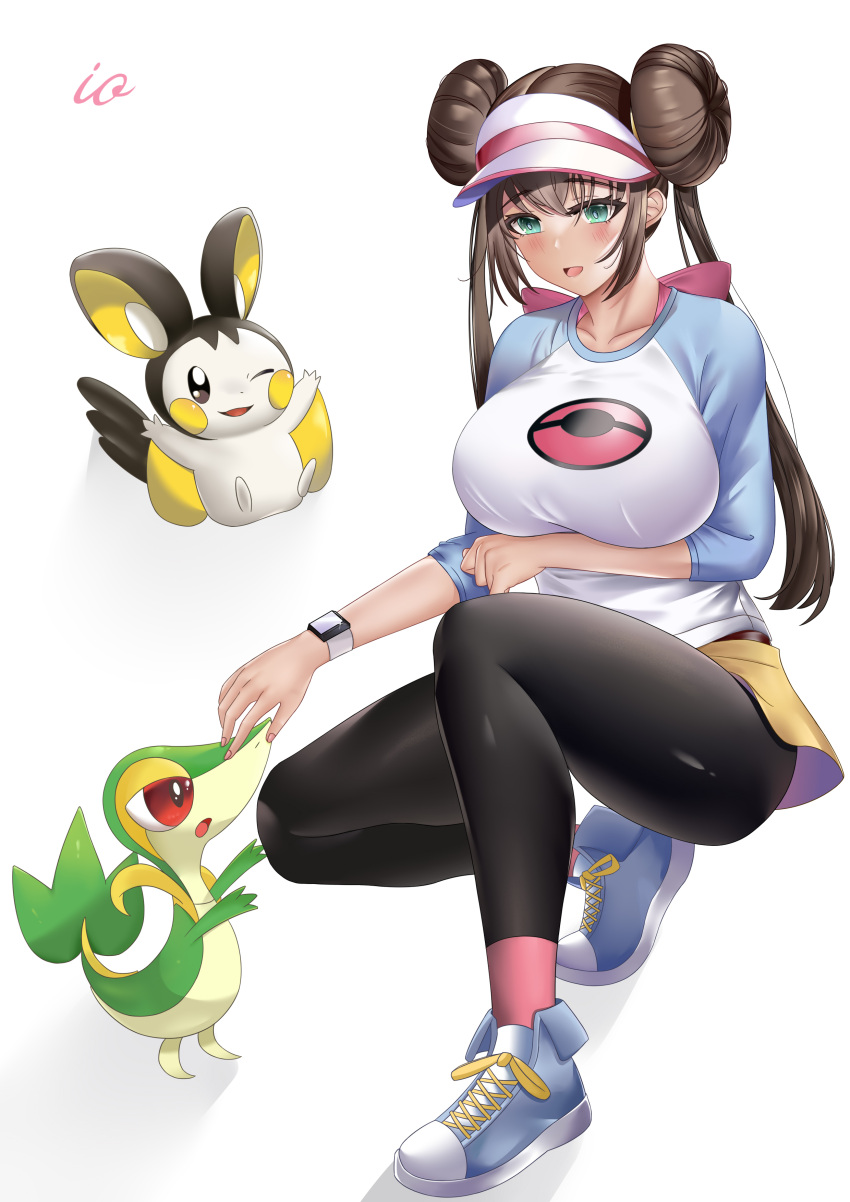 1girl :d absurdres aqua_eyes arm_under_breasts black_pantyhose blue_shirt bow breasts brown_hair collarbone double_bun doughnut_hair_bun emolga hair_bun highres io_(wadm5455) large_breasts long_hair miniskirt pantyhose petting pink_bow pokemon pokemon_(creature) pokemon_(game) pokemon_bw2 raglan_sleeves rosa_(pokemon) shirt short_sleeves signature skirt smile snivy squatting twintails two-tone_shirt visor_cap watch white_background white_shirt wristwatch yellow_skirt