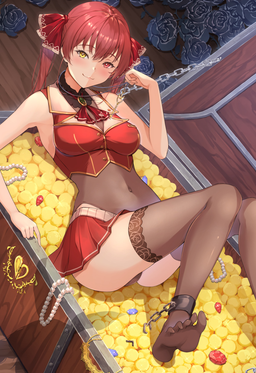 1girl bead_necklace beads breasts coin gem gold_coin heterochromia highres houshou_marine iroha_(unyun) jewelry key medium_breasts necklace red_eyes red_hair solo treasure_chest
