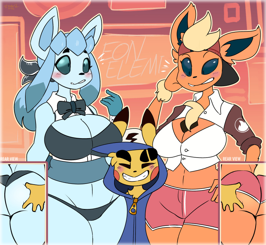 anthro big_breasts big_butt blue_body blue_fur blush breasts butt butt_grab clothed clothing eeveelution eyes_closed female flareon fur generation_1_pokemon generation_4_pokemon glaceon group hambor12 hand_on_butt hi_res hip-hop_style_pikachu holowear_(pokemon) huge_breasts huge_butt male male/female nintendo orange_body orange_fur pikachu pokemon pokemon_(species) pokemon_unite smile video_games yellow_body yellow_fur