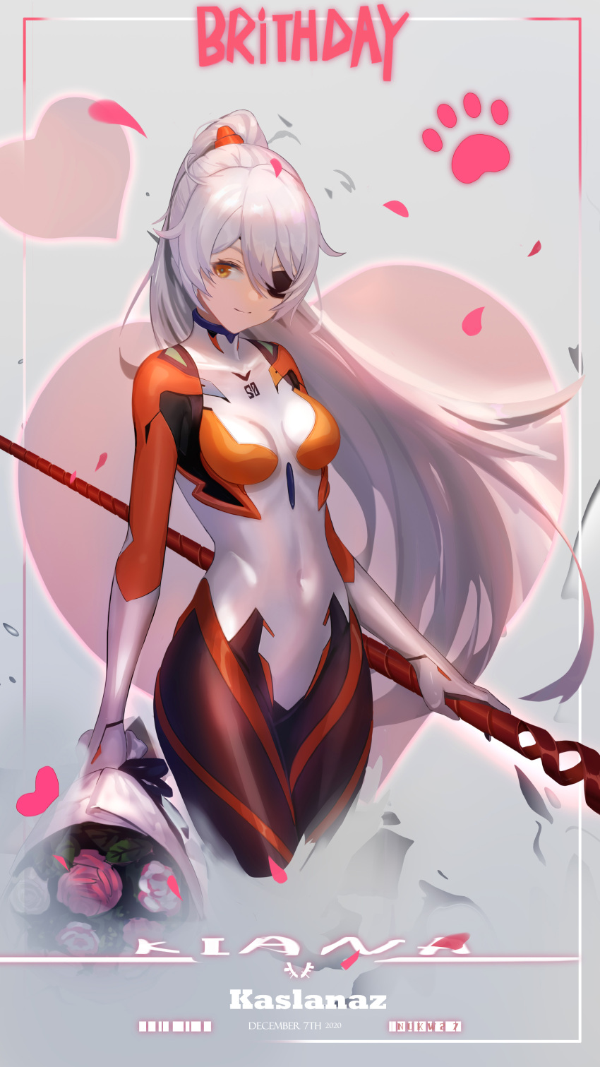 1girl 2020 absurdres ahoge bangs bodysuit bouquet breasts character_name closed_mouth cosplay crossover flower grey_background happy_birthday heart highres holding holding_bouquet holding_polearm holding_weapon honkai_(series) honkai_impact_3rd lance_of_longinus long_hair looking_at_viewer neon_genesis_evangelion nukw27 petals pink_flower pink_rose polearm pony ponytail rose smile solo souryuu_asuka_langley souryuu_asuka_langley_(cosplay) weapon white_bodysuit white_hair yellow_eyes