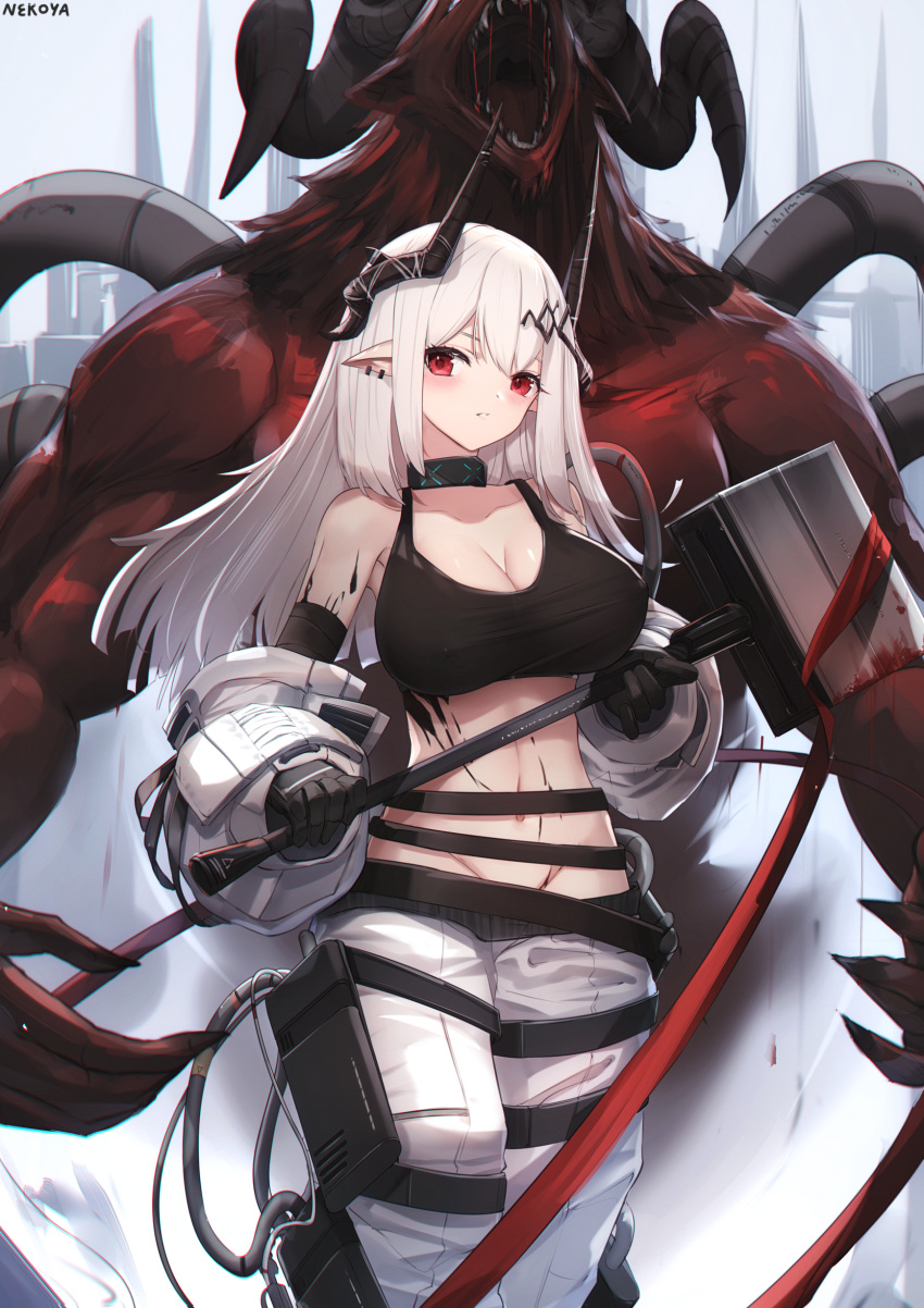 1girl absurdres arknights bangs bare_shoulders black_gloves breasts cleavage collarbone commentary_request commission curled_horns ear_piercing gloves groin hammer highres holding horns jumpsuit large_breasts long_hair long_sleeves looking_at_viewer mudrock_(arknights) navel nekoya_(liu) open_mouth oripathy_lesion_(arknights) parted_lips piercing pointy_ears puffy_long_sleeves puffy_sleeves red_eyes sharp_teeth signature sledgehammer teeth very_long_hair white_hair white_jumpsuit