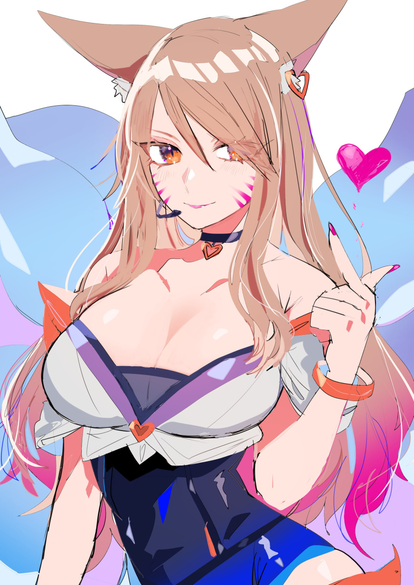 1girl absurdres ahri_(league_of_legends) animal_ears bangs bare_shoulders black_choker black_leotard blonde_hair breasts brown_eyes choker cleavage collarbone covered_navel fox_ears fox_girl fox_tail headset heart highres k/da_(league_of_legends) k/da_ahri league_of_legends leotard mashiro_(rikuya) medium_breasts multiple_tails off-shoulder_shirt off_shoulder official_alternate_costume pink_nails shirt sketch solo tail white_shirt