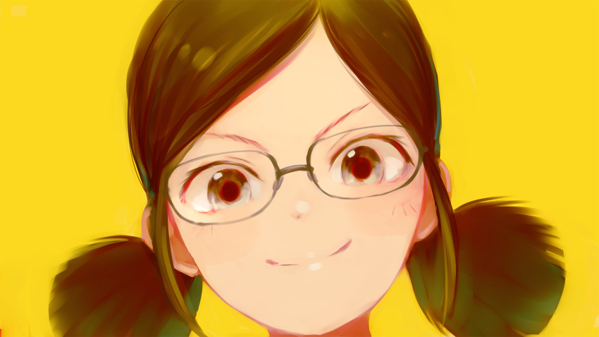 1girl bangs brown_eyes brown_hair closed_mouth commentary_request glasses highres idolmaster idolmaster_cinderella_girls looking_at_viewer negy parted_bangs portrait saejima_kiyomi short_hair short_twintails simple_background smile solo twintails v-shaped_eyebrows yellow_background