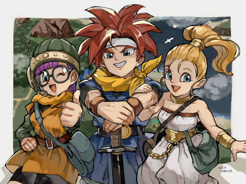 1boy 2girls :d aqua_eyes artist_name ascot bag bare_shoulders belt blonde_hair chain chrono_trigger clenched_teeth commentary cowboy_shot crono_(chrono_trigger) glasses green_bag hand_on_hip handbag helmet high_ponytail highres holding_another's_arm looking_at_viewer lucca_ashtear marle_(chrono_trigger) multiple_girls muscular muscular_male one_eye_closed open_mouth outdoors purple_hair red_hair shadow smile spiked_hair sword teeth thick_eyebrows tunic upper_teeth uzutanco weapon yellow_ascot