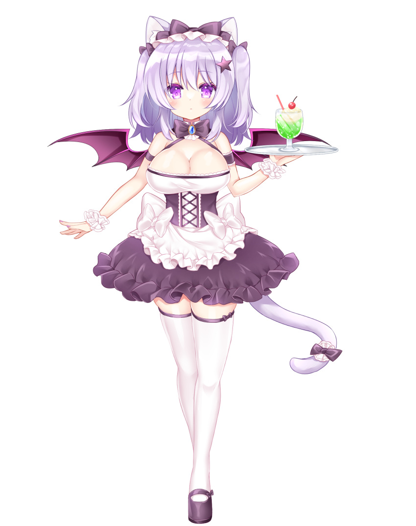 1girl animal_ear_fluff animal_ears apron bangs bare_shoulders black_bow black_bowtie black_dress black_footwear blush bow bowtie breasts cat_ears cat_girl cat_tail cherry cleavage closed_mouth dress drinking_straw food frilled_apron frills fruit full_body hair_between_eyes hair_bow hair_ornament highres holding holding_tray large_breasts looking_at_viewer original purple_eyes purple_hair purple_wings shikito shoes simple_background solo standing star_(symbol) star_hair_ornament tail thighhighs tray two_side_up waist_apron white_apron white_background white_thighhighs wings