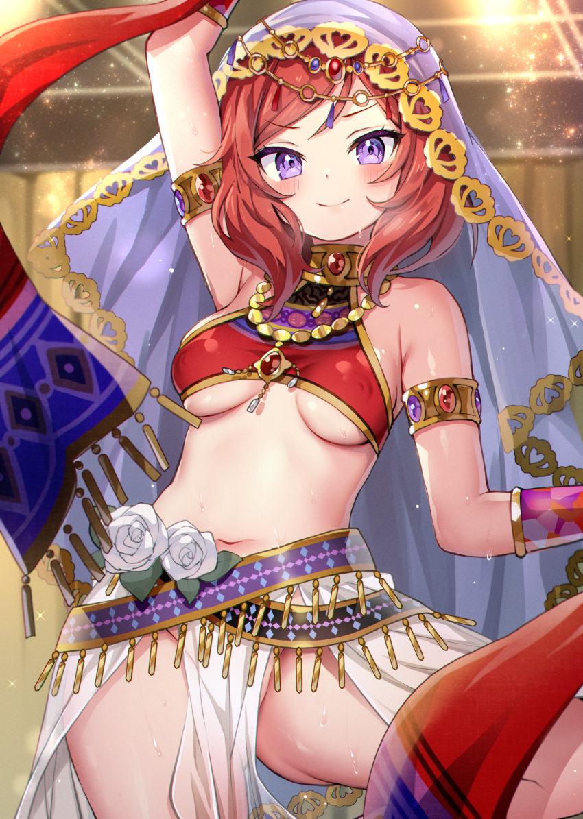 1girl alternate_costume arm_up armlet ayaoshiro blush bracelet breasts circlet cleft_of_venus closed_mouth dancer flower gold_belt groin highres jewelry looking_at_viewer love_live! medium_breasts medium_hair navel neck_ring nishikino_maki pelvic_curtain purple_eyes red_hair red_shirt rose shirt smile solo stomach sweat tassel thighs v-shaped_eyebrows white_flower white_rose