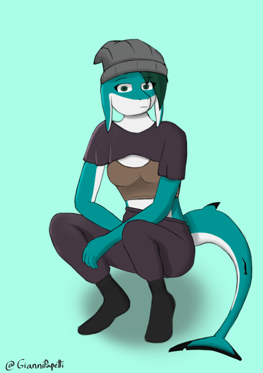 2022 5_fingers absurd_res anthro beanie blacktip_shark breasts carcharhinus clothed clothing digital_media_(artwork) female fingers fish footwear giannipapetti green_hair hair hat headgear headwear hi_res looking_at_viewer marine multicolored_body piper_(giannipapetti) requiem_shark scalie shark signature simple_background socks solo teal_scales
