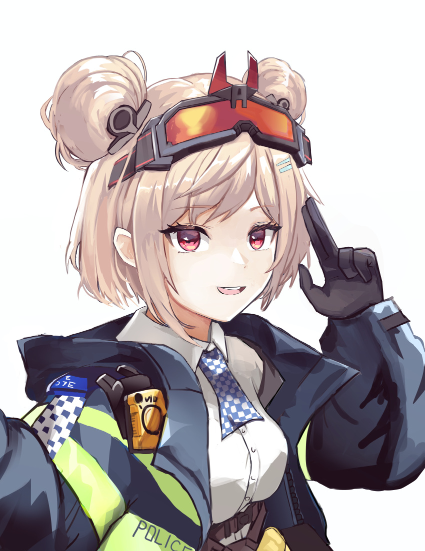 1girl absurdres arm_up ascot bangs black_gloves blue_ascot blue_jacket breasts commission double_bun eyewear_on_head girls'_frontline gloves hair_bun hair_ornament hairclip hairpin harness highres index_finger_raised jacket light_smile long_sleeves looking_at_viewer medium_breasts medium_hair min-tami open_clothes open_jacket open_mouth p90_(girls'_frontline) pink_hair pixiv_request police police_uniform policewoman red_eyes safety_glasses shirt sig_mcx_(girls'_frontline) solo teeth uniform upper_body upper_teeth walkie-talkie white_background white_shirt