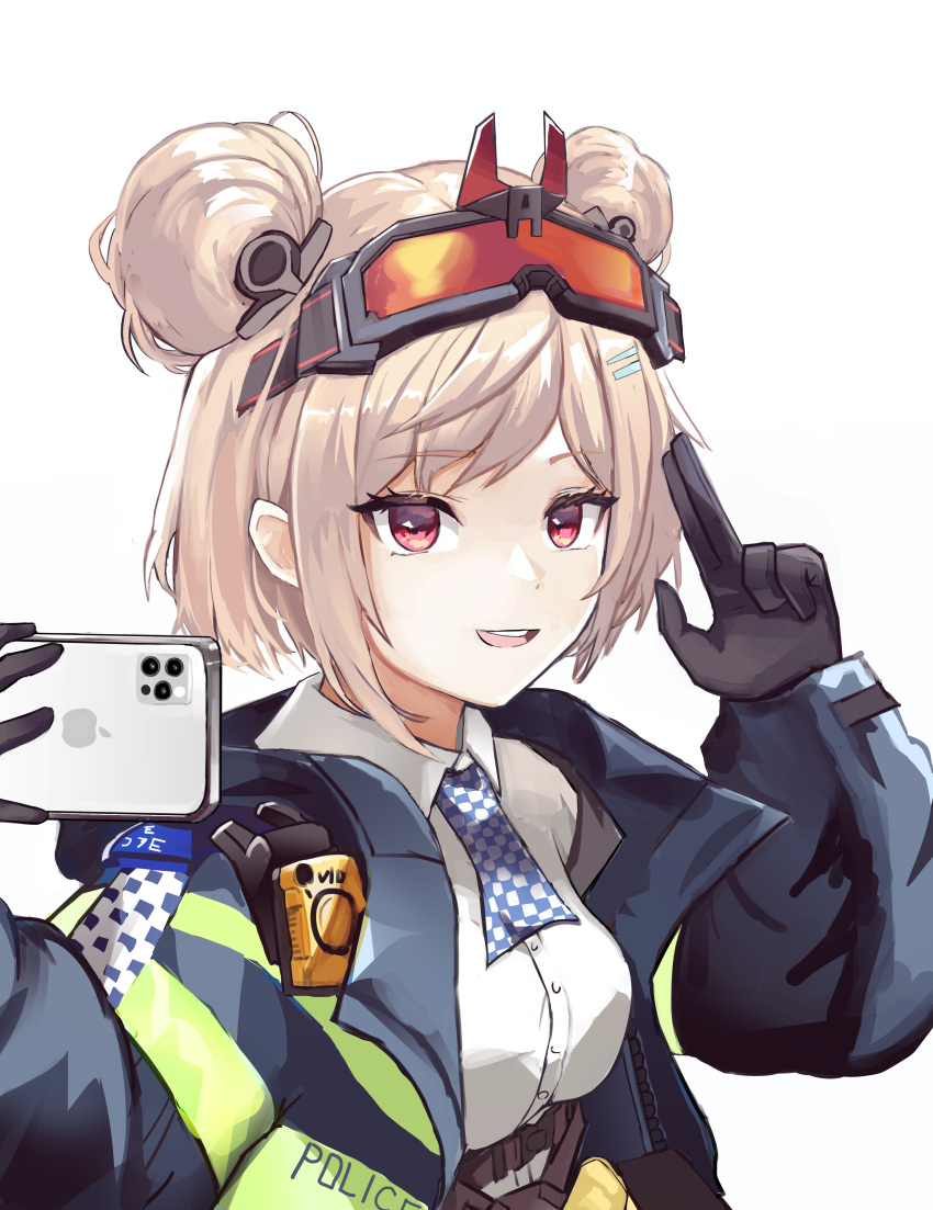 1girl absurdres arm_up ascot bangs black_gloves blue_ascot blue_jacket breasts cellphone commission double_bun eyewear_on_head girls'_frontline gloves hair_bun hair_ornament hairclip hairpin harness highres holding holding_phone index_finger_raised jacket light_smile long_sleeves looking_at_viewer medium_breasts medium_hair min-tami open_clothes open_jacket open_mouth p90_(girls'_frontline) phone pink_hair pixiv_request police police_uniform policewoman red_eyes safety_glasses shirt sig_mcx_(girls'_frontline) smartphone solo teeth uniform upper_body upper_teeth walkie-talkie white_background white_shirt