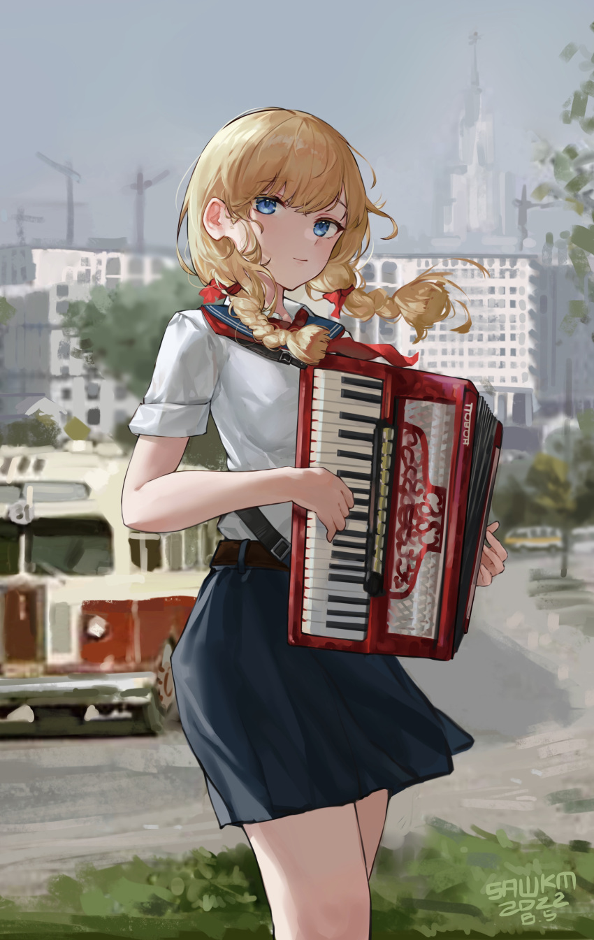 1girl absurdres accordion belt blonde_hair blue_eyes blue_skirt braid building bus day ground_vehicle hair_ribbon highres instrument light_smile long_sleeves motor_vehicle original outdoors red_ribbon ribbon road sawkm school_uniform serafuku shirt skirt skyscraper sleeves_rolled_up solo soviet twin_braids uniform white_shirt