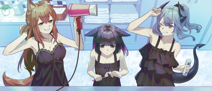 3girls alternate_costume animal_ears arknights bare_shoulders basket bathroom black_dress breasts brown_eyes brown_hair cat_ears cat_girl cleavage clenched_teeth dragon_girl dragon_horns dragon_tail dress fox_ears fox_girl fox_tail franka_(arknights) green_eyes grey_hair grin hair_dryer hand_up highres holding holding_hair_dryer holding_toothbrush horns indoors jessica_(arknights) large_breasts liskarm_(arknights) long_hair looking_at_another memetaroh multiple_girls one_eye_closed plant ponytail potted_plant power_cord small_breasts smile sweatdrop tail teeth toothbrush toothpaste towel