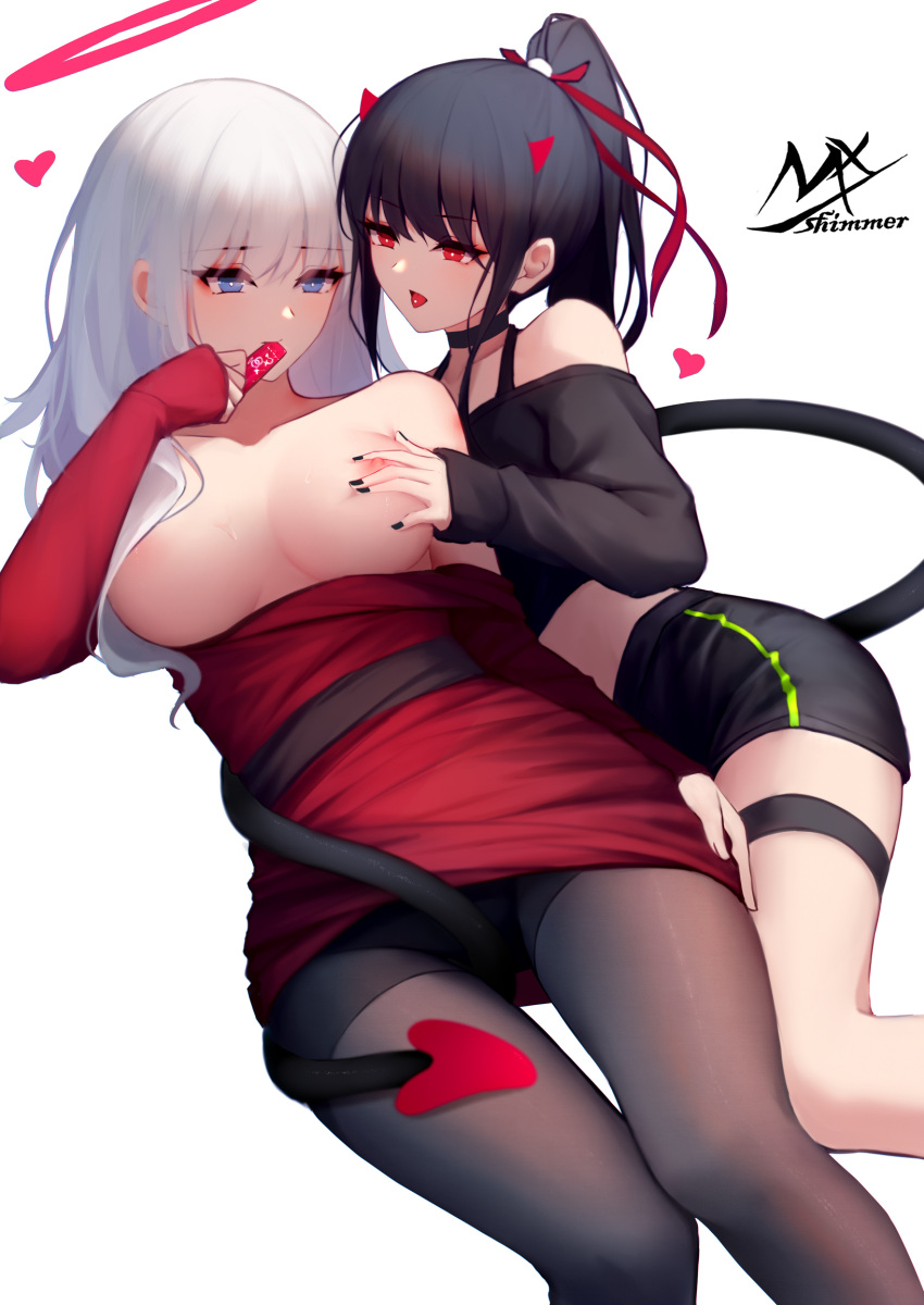 2girls angel angel_and_devil angel_girl_(shimmer) areola_slip artist_logo bare_shoulders black-haired_demon_girl_(shimmer) black_choker black_hair black_nails black_pantyhose black_shirt black_shorts blue_eyes breast_grab breasts breasts_out choker clothes_pull crop_top demon_horns demon_tail dress dress_pull grabbing hair_ribbon halo heart highres horns interlocked_venus_symbols large_breasts long_sleeves multiple_girls nipples open_mouth original pantyhose ponytail red_dress red_eyes ribbon shimmer shirt shorts simple_background tail tail_wrap thigh_strap tongue tongue_out venus_symbol white_background white_hair yuri