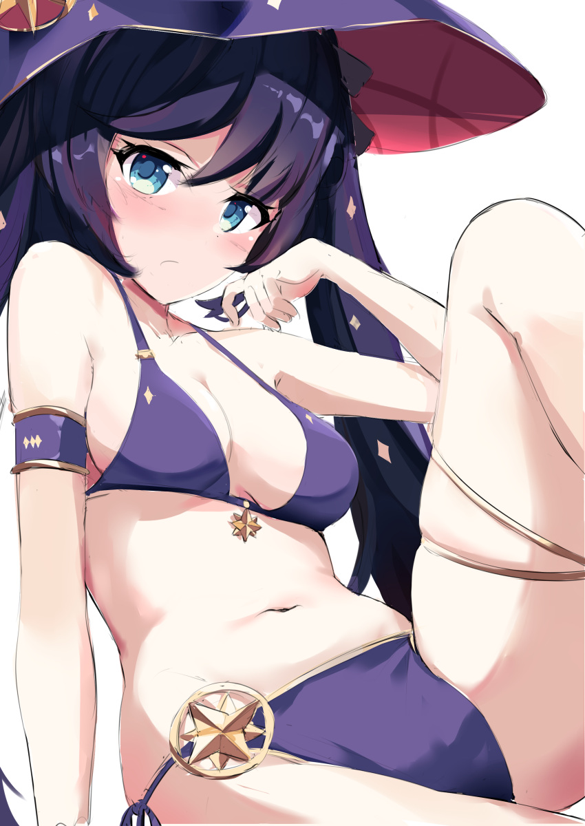 1girl :. absurdres aqua_eyes bikini breasts closed_mouth day_mello genshin_impact gold_trim hand_up hat highres knee_up looking_at_viewer medium_breasts mona_(genshin_impact) navel purple_bikini purple_hair side-tie_bikini_bottom sitting skindentation solo sparkle_hair_ornament stomach swimsuit thighlet thighs twintails witch_hat