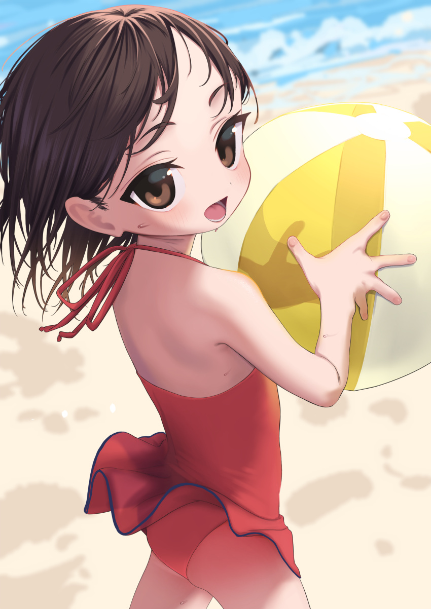 1girl :d absurdres backless_swimsuit ball bare_arms bare_shoulders beach beachball blurry blurry_background bouen brown_eyes brown_hair casual_one-piece_swimsuit commentary_request day depth_of_field frilled_swimsuit frills from_side highres holding holding_ball looking_at_viewer looking_to_the_side one-piece_swimsuit original outdoors red_one-piece_swimsuit sand smile solo sweat swimsuit thick_eyebrows water