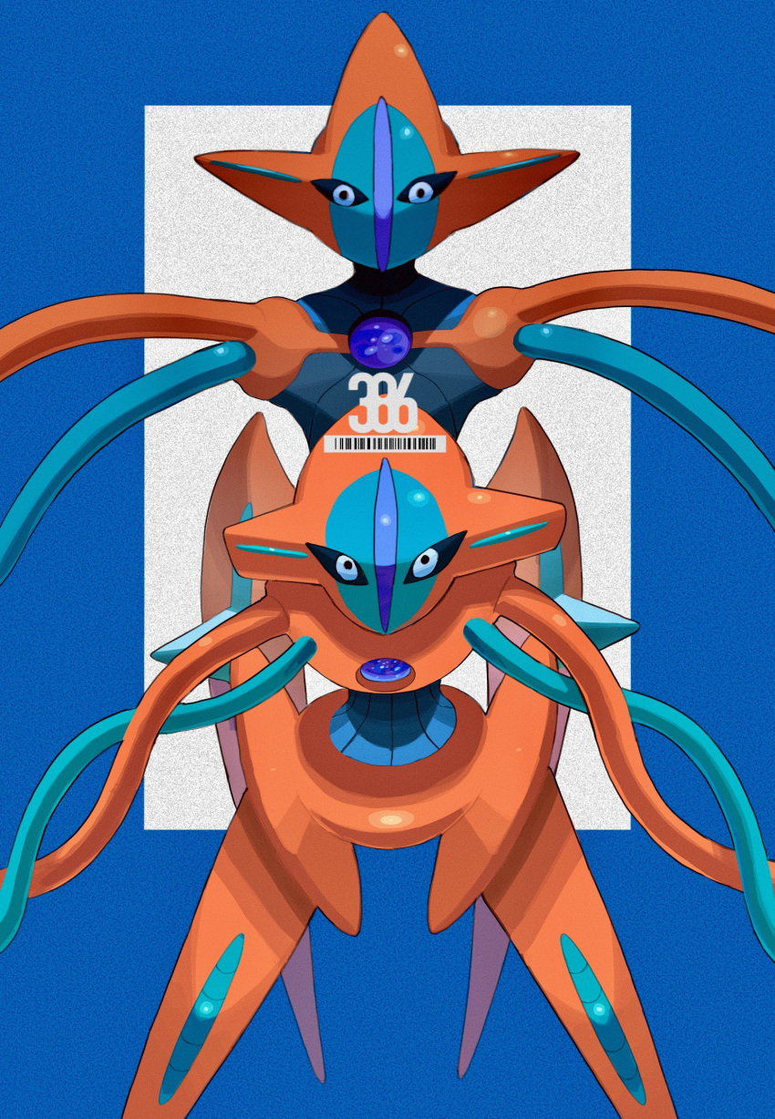 black_eyes blue_border border commentary deoxys deoxys_(attack) deoxys_(normal) gem gogot highres legs_apart looking_at_viewer no_humans pokemon pokemon_(creature) purple_gemstone tentacles white_background