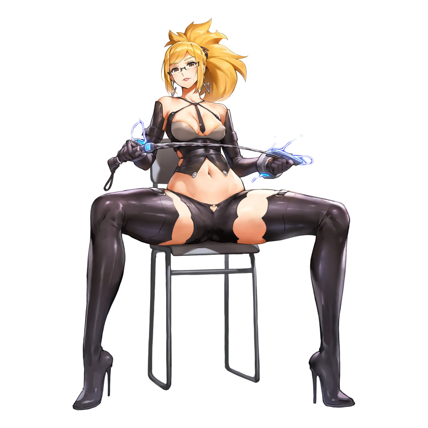 1girl alexandra_of_resonance ass_visible_through_thighs bare_shoulders between_breasts black-framed_eyewear black_footwear black_gloves black_necktie black_shorts blonde_hair blush boots bracelet breasts bustier chair cleavage clothing_cutout covered_nipples dominatrix earrings elbow_gloves electric_whip electricity full_body game_cg glasses gloves groin hair_ornament heart_cutout high_heel_boots high_heels highres holding holding_whip jewelry kakiman last_origin leather leather_boots leather_gloves leather_shorts navel necktie necktie_between_breasts o-ring o-ring_bottom official_alternate_costume official_art parted_lips red_eyes riding_crop semi-rimless_eyewear shorts sitting skindentation smile solo spread_legs tachi-e thigh_boots thighhighs transparent_background triangle_earrings