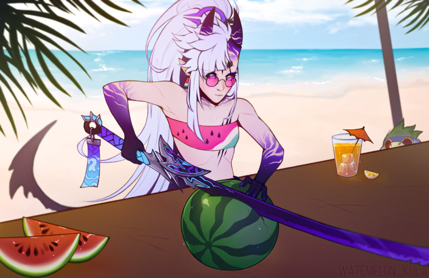 artist_name bar beach beverage black_horn black_tail cloud duo female food fruit hair hi_res holding_object holding_sword holding_weapon horn humanoid humanoid_pointy_ears ice_cube kolaa light_body light_skin long_hair melee_weapon melon mouth_closed outside plant purple_body sea seaside sky solo_focus standing striped_arms striped_horn stripes sword tan_body tinted_glasses water weapon white_hair