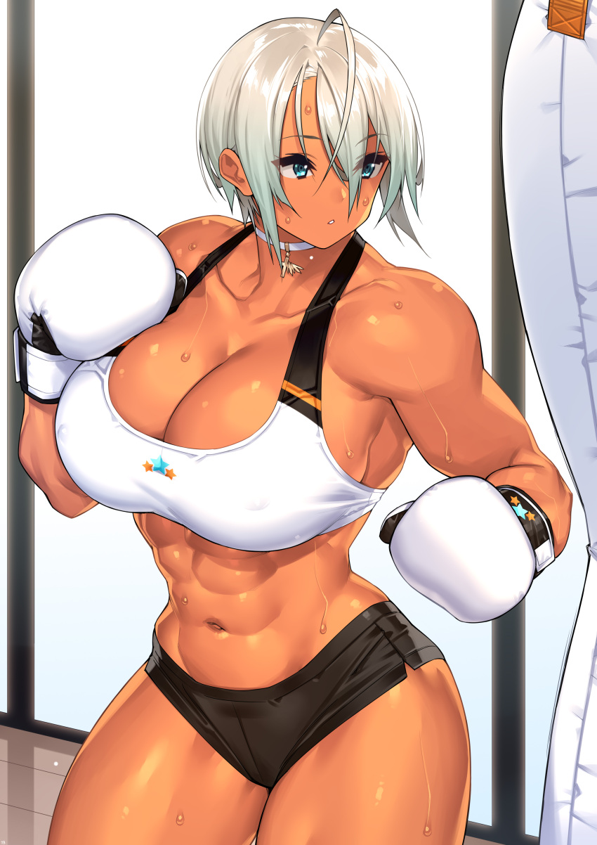 1girl 23_(real_xxiii) abs absurdres bangs bare_shoulders black_shorts boxing_gloves breasts cleavage coat collarbone commentary_request cowboy_shot dark-skinned_female dark_skin eyes_visible_through_hair hair_between_eyes highres huge_breasts indoors looking_away micro_shorts muscular muscular_female navel original sela_(23) short_hair shorts solo sports_bra sweat white_coat white_hair