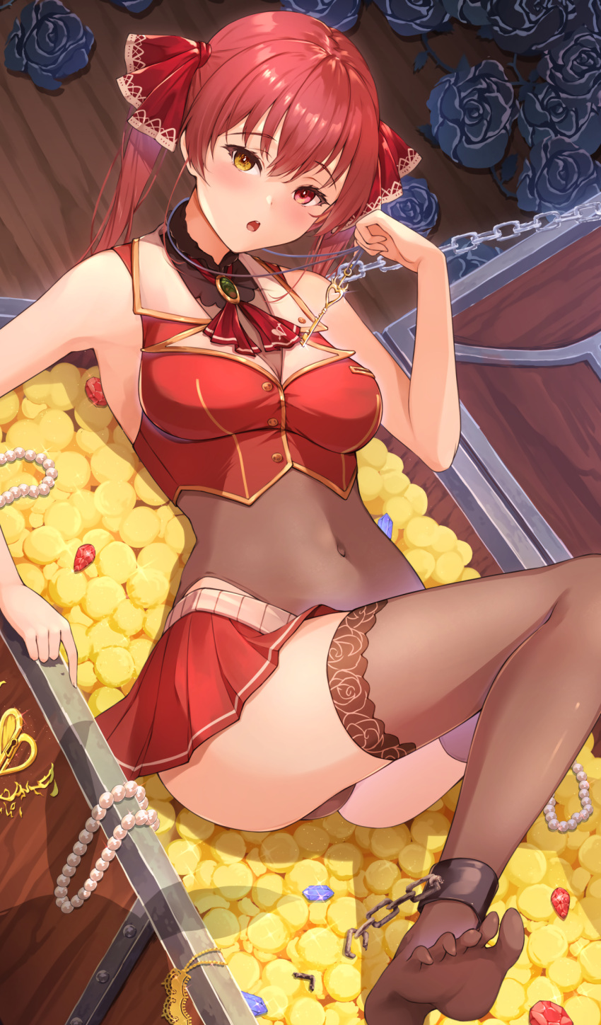 1girl :o ankle_cuffs ascot bead_necklace beads black_flower black_rose breasts brooch brown_leotard brown_thighhighs chain coin covered_navel crop_top cropped_vest flower gem gold_coin gold_trim heterochromia highres holding holding_key hololive houshou_marine iroha_(unyun) jewelry key key_necklace knees_up leotard long_hair looking_at_viewer lying medium_breasts miniskirt necklace no_shoes on_back open_mouth pleated_skirt red_eyes red_hair red_skirt rose skirt soles solo thighhighs thighs toes treasure_chest twintails vest virtual_youtuber yellow_eyes