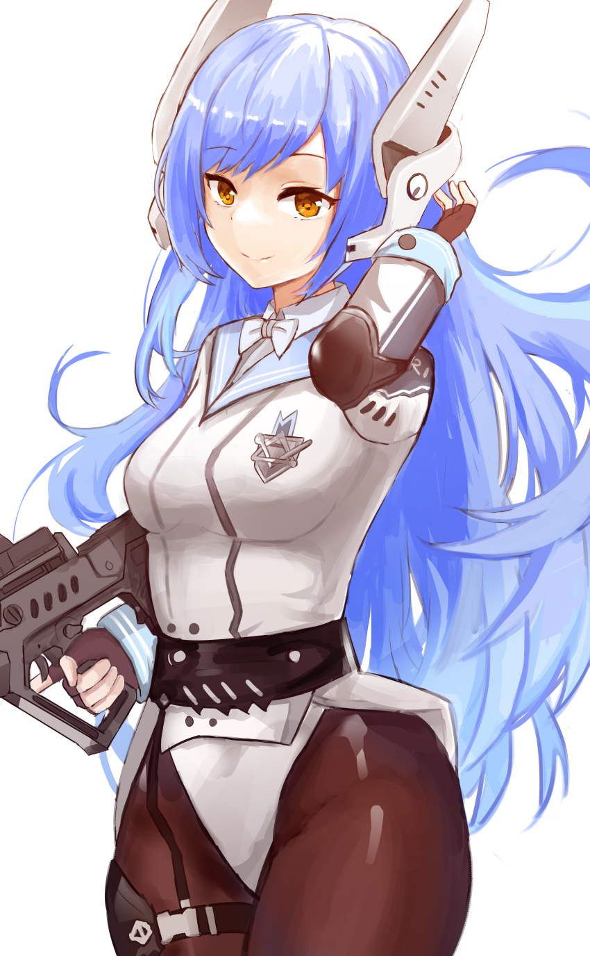 1girl absurdres adjusting_hair assault_rifle bangs blue_hair bow bowtie brown_gloves brown_pantyhose bullpup closed_mouth commission elbow_pads feet_out_of_frame fingerless_gloves girls'_frontline gloves gun hand_in_own_hair highres holding holding_gun holding_weapon imi_tavor_tar-21 jacket leotard long_hair long_sleeves looking_at_viewer mechanical_ears min-tami official_alternate_costume orange_eyes pantyhose pixiv_request rifle smile solo standing tar-21_(girls'_frontline) weapon white_background white_bow white_bowtie white_jacket white_leotard