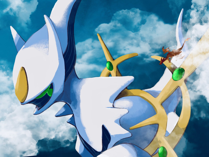 above_clouds arceus charizard cloud commentary_request dragon flame-tipped_tail flying giant gogot highres horns no_humans pokemon pokemon_(creature) spikes