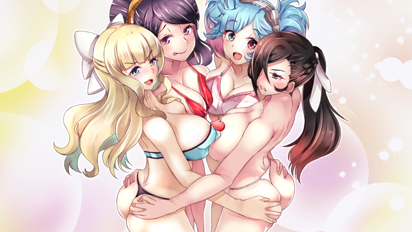 4girls bangs bare_shoulders black_panties blonde_hair blue_bra blue_eyes blue_hair blush bow bra breast_press breasts brown_eyes brown_hair charlotte_(fire_emblem) cleavage embarrassed fire_emblem fire_emblem_fates gradient_hair hair_bow hair_bun hair_ornament hair_over_one_eye hair_stick heart_pasties heterochromia highres kagero_(fire_emblem) large_breasts lingerie lips long_hair looking_at_viewer multicolored_hair multiple_girls ninja open_mouth orochi_(fire_emblem) panties pasties peri_(fire_emblem) pink_bra pink_hair ponytail purple_eyes purple_hair red_bra red_eyes simple_background smile smug symmetrical_docking thong tongue tongue_out twintails two-tone_hair underwear warabe_(waraghi) wavy_hair white_bow white_panties