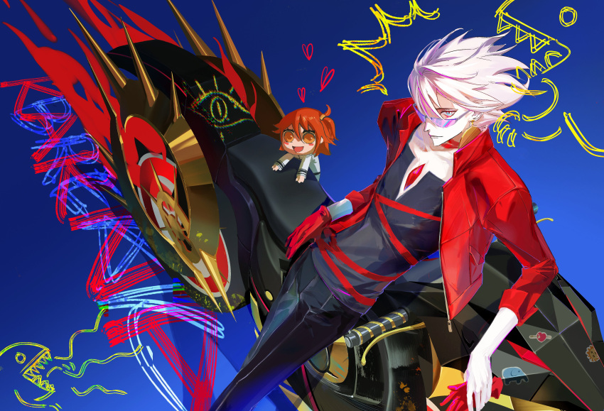 1boy 1girl absurdres ahoge bangs black_pants blue_eyes chaldea_uniform character_name chest_jewel chibi earrings eyeshadow fate/grand_order fate_(series) feet_out_of_frame fujimaru_ritsuka_(female) glasses gloves gold_earrings ground_vehicle hair_ornament hair_scrunchie heart highres jacket jewelry karna_(fate) leaning leaning_against_motorcycle long_sleeves looking_at_viewer makeup motor_vehicle motorcycle official_alternate_costume one_side_up open_clothes open_jacket open_mouth orange_eyes orange_hair pale_skin pants red_eyeshadow red_gloves red_jacket scrunchie short_hair side_ponytail single_earring single_glove siyemmm smile solo_focus spiked_hair spikes sunglasses white_background