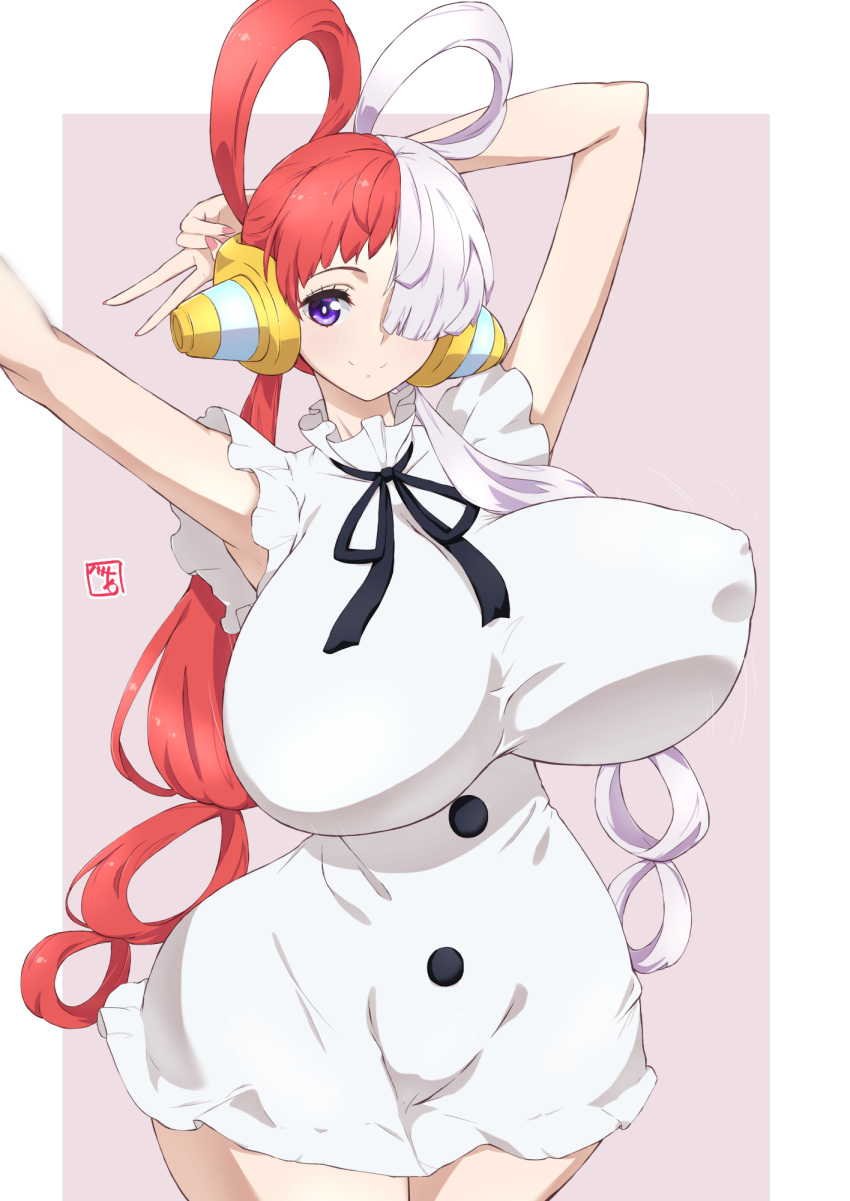 1girl alternate_breast_size bea_(bropmlk) breasts dress frilled hair_over_one_eye hair_rings headphones highres huge_breasts multicolored_hair one_piece red_hair solo split-color_hair two-tone_hair uta_(one_piece) very_long_sleeves white_hair