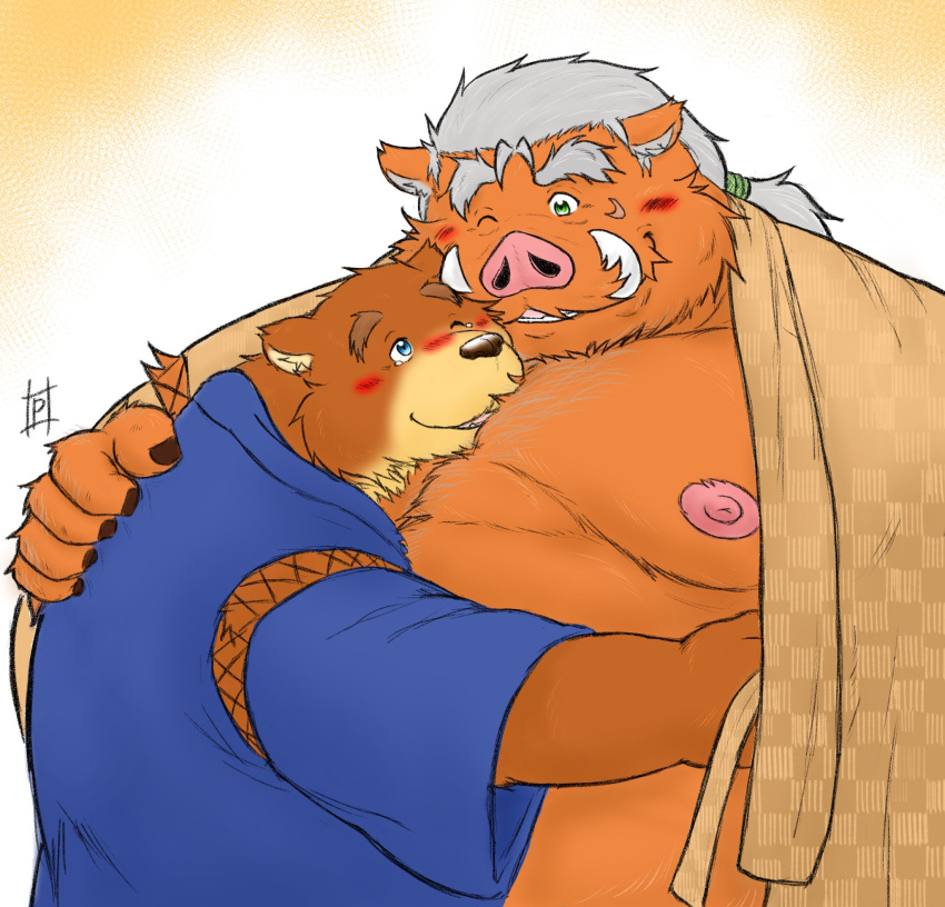 2022 anthro belly big_belly blush brown_body duo embrace hi_res hug jinbei_(clothing) kemono male male/male mammal moobs nipples one_eye_closed overweight overweight_male pochizizi suid suina sus_(pig) ursid wild_boar