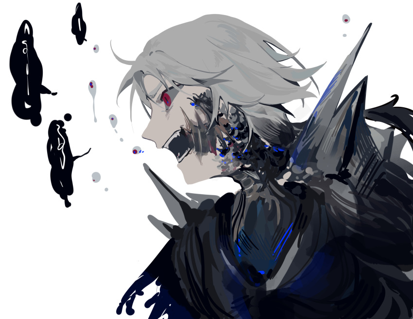 1boy absurdres arknights colored_sclera commentary fangs grey_hair grey_sclera highres male_focus monster_boy no_headwear no_mask open_mouth portrait profile red_eyes scales simple_background solo ulpian_(arknights) white_background woaich