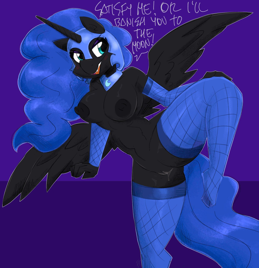anthro anthrofied armor armwear big_breasts black_body black_feathers black_nipples blue_eyes blue_hair blue_tail bodily_fluids breasts clothing dialogue digital_media_(artwork) elbow_gloves equid equine eyeshadow feathered_wings feathers female fishnet fishnet_armwear fishnet_legwear flutterthrash friendship_is_magic genital_fluids genitals gloves hair handwear hasbro headgear helmet hi_res horn legwear long_hair makeup mammal my_little_pony navel nightmare_moon_(mlp) nipples open_mouth purple_background pussy pussy_juice simple_background solo winged_unicorn wings