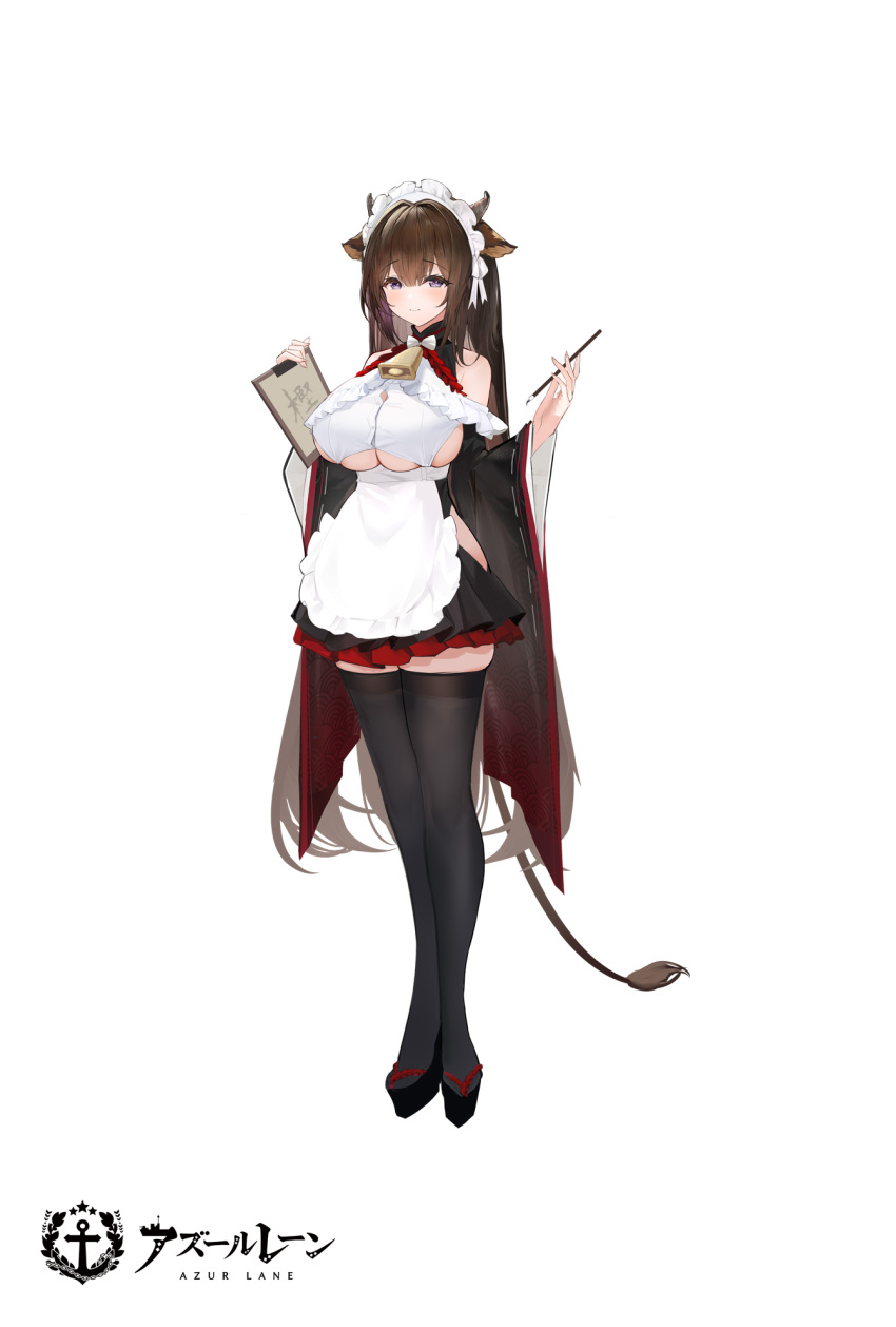 animal_ears azur_lane bare_shoulders bell black_thighhighs bow breasts brown_hair clothing_cutout concept_art cow_ears cow_horns cow_tail cowbell highres horns kashino_(azur_lane) large_bow long_hair maid maid_headdress official_art purple_eyes sideboob standing tail thighhighs underboob white_background yyy_(zelda10010)