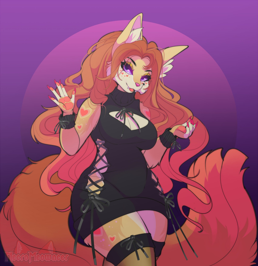 anthro breasts canid canine chubby_belly cleavage clothed clothing curvy_figure dress eyelashes female fingers fur hair hi_res legwear long_hair mammal necromeowncer slightly_chubby slightly_chubby_female solo thick_thighs thigh_highs yellow_body yellow_fur