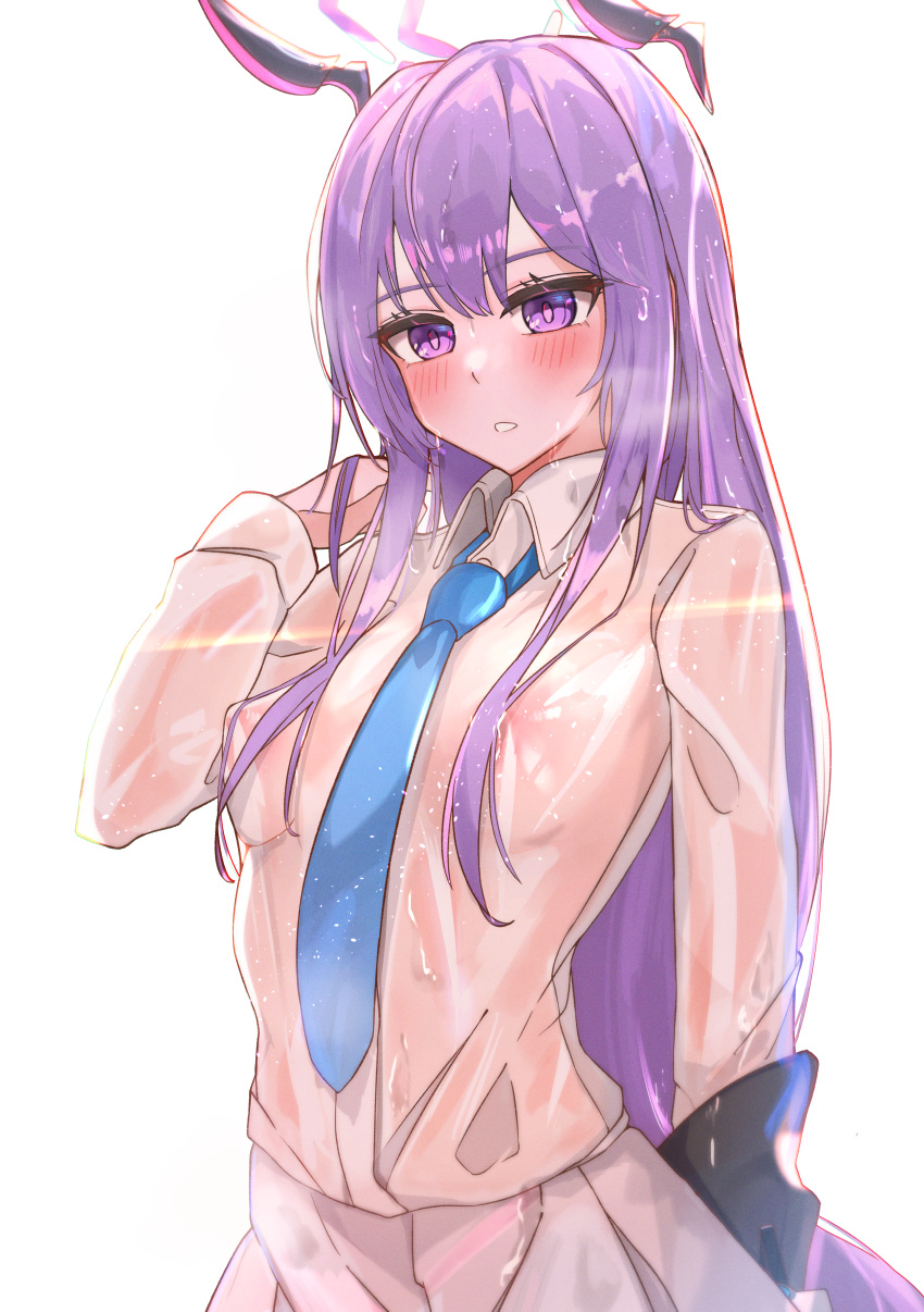 1girl absurdres bangs blue_archive blue_necktie blush commentary covered_nipples grey_skirt hand_in_own_hair highres jacket jacket_removed long_hair long_sleeves looking_at_viewer muteppona_hito necktie no_bra open_mouth purple_eyes purple_hair see-through see-through_shirt shirt skirt solo standing upper_body utaha_(blue_archive) very_long_hair wet wet_clothes wet_shirt white_background white_shirt