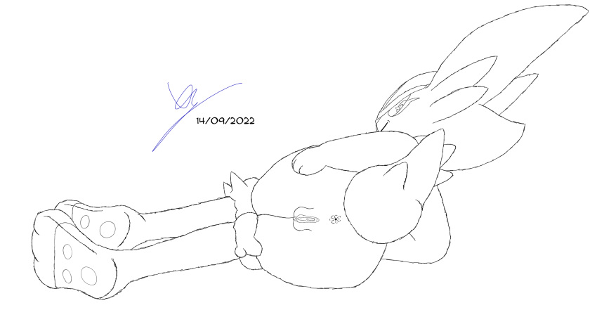 2022 absurd_res anthro anus butt cinderace clitoris dated digital_drawing_(artwork) digital_media_(artwork) feet female fur generation_8_pokemon genitals hand_on_butt hi_res lagomorph leporid line_art long_ears looking_at_viewer looking_back lying mammal nintendo nude on_ground pawpads paws pokemon pokemon_(species) presenting presenting_anus presenting_pussy pussy rabbit rabbit_ears rukakitsune short_tail signature sketch smug solo tail toes video_games widescreen