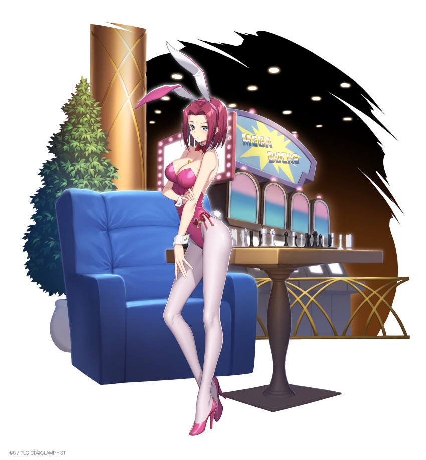 1girl absurdres animal_ears bare_shoulders between_breasts blue_eyes board_game bow bowtie breasts chess chess_piece cleavage code_geass couch counter:side detached_collar forehead full_body hair_intakes hand_on_own_arm heart high_heels highres indoors kallen_stadtfeld large_breasts leotard lighter looking_at_viewer official_art pantyhose parted_lips pillar pink_footwear pink_leotard pink_pantyhose playboy_bunny rabbit_ears rabbit_tail red_bow red_bowtie red_hair red_ribbon ribbon short_hair slot_machine solo standing table tachi-e tail teeth tree wrist_cuffs